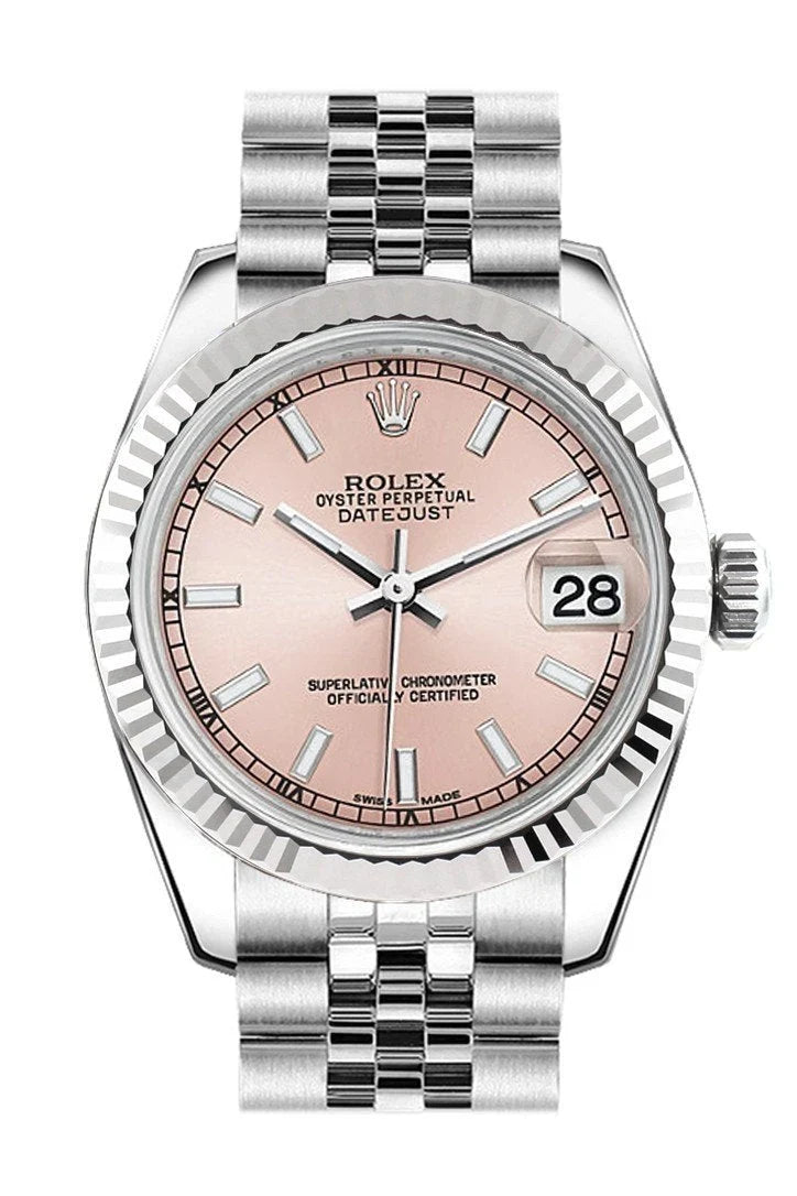 Datejust 31 Pink Dial White Gold Fluted Bezel Jubilee Ladies Watch 178274.