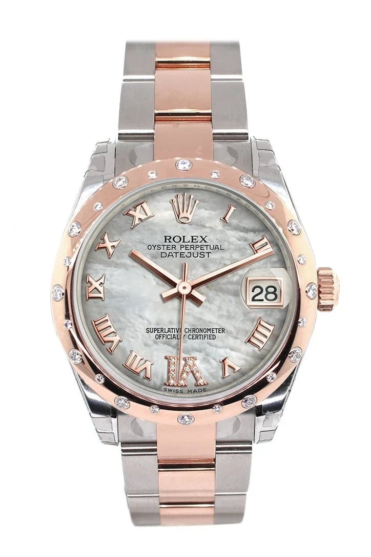 Datejust 31 White Mother of Pearl Roman Large VI set with Diamond Dial Diamond Bezel 18K Rose Gold Two Tone Ladies Watch 178341.