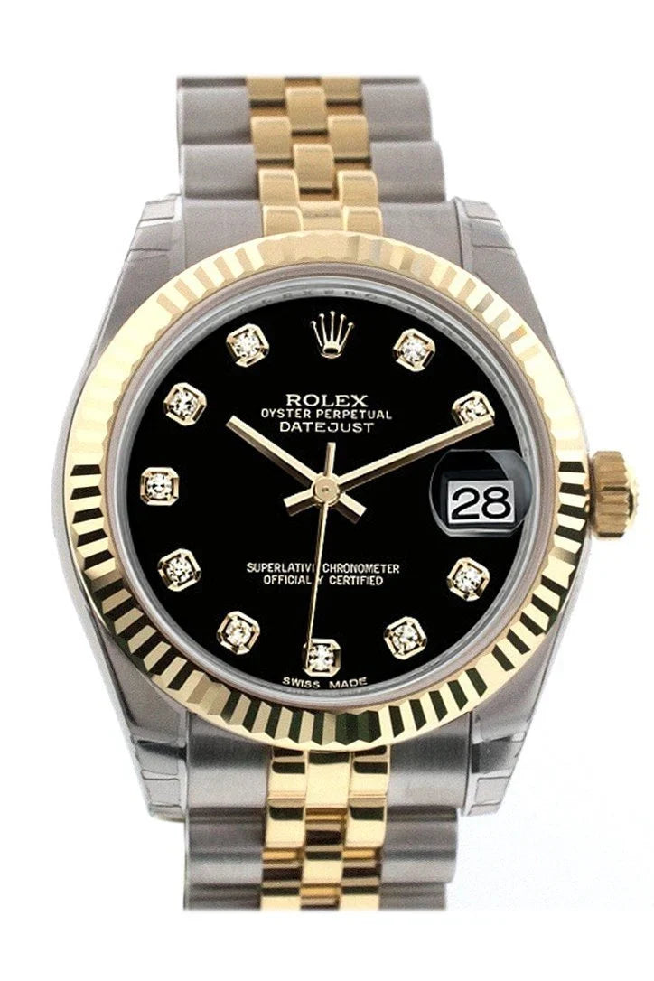 Datejust 31 Black Diamond Dial Fluted Bezel 18K Gold Two Tone Jubilee Ladies 178273.