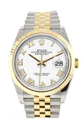 Datejust 36 White Roman Dial Fluted Bezel Jubilee Yellow Gold Two Tone Watch 126233 NP.