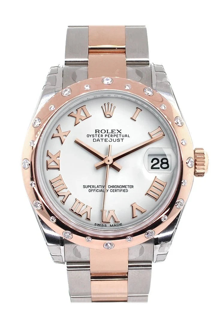 Datejust 31 White Roman Dial Diamond Bezel 18K Rose Gold Two Tone Ladies Watch 278341.