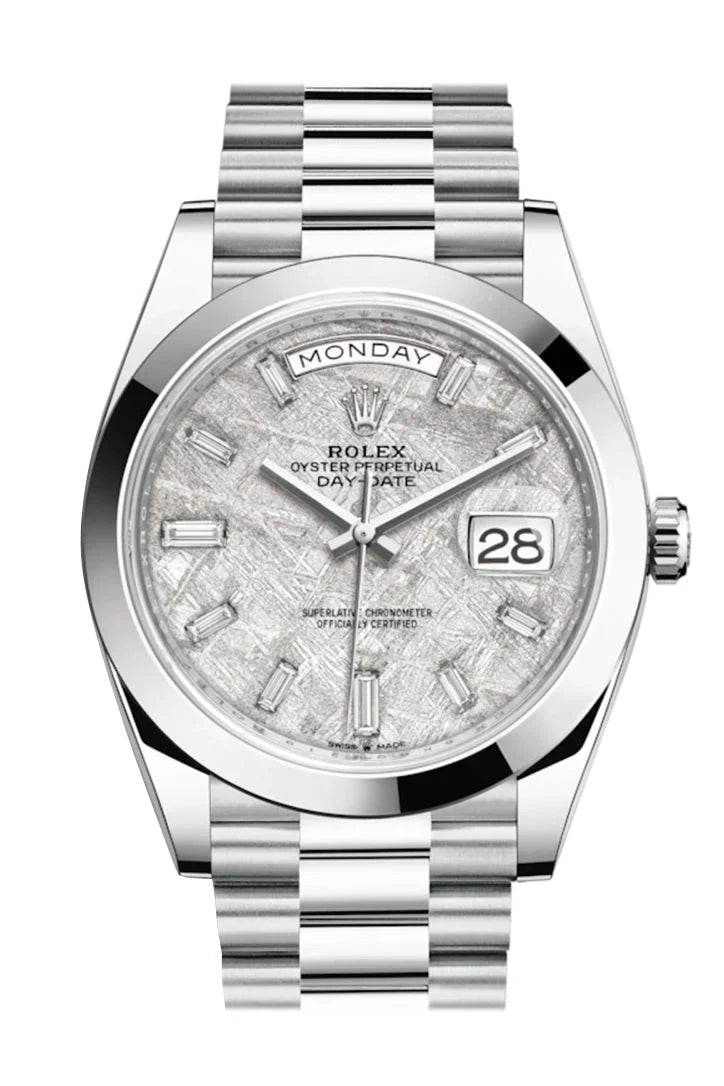 Day-Date 40 Meteorite Baguette Diamond Dial Dial Dome Bezel Platinum President Automatic Men's Watch 228206.