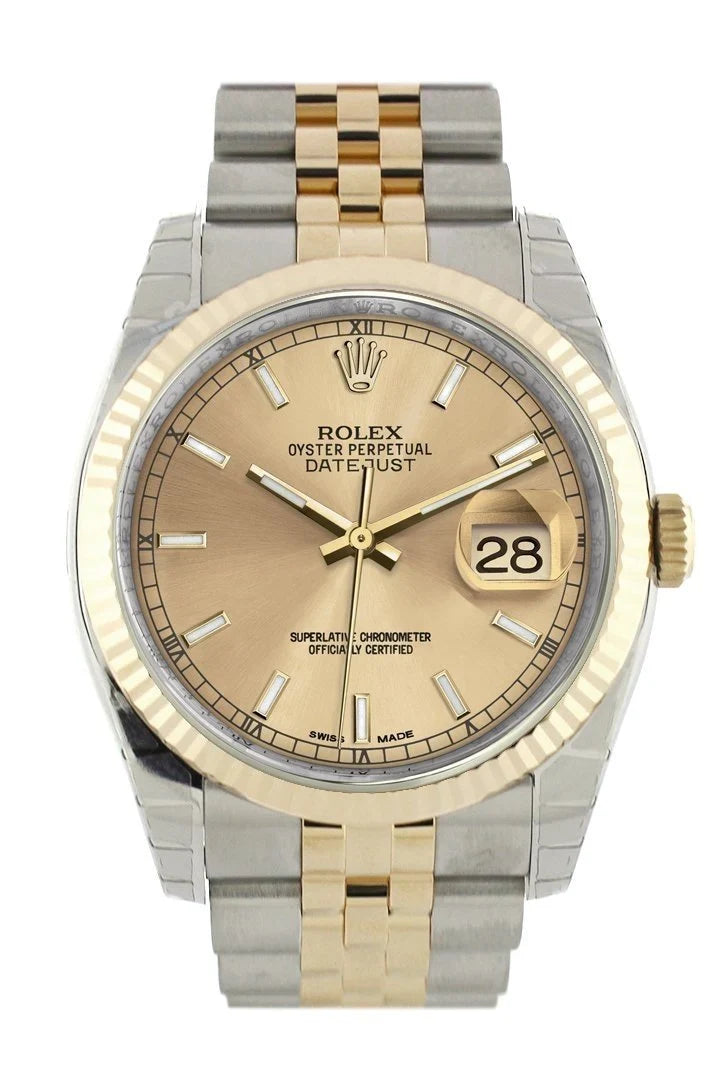 Datejust 36 Champagne Dial Fluted 18K Gold Two Tone Jubilee Watch 116233.