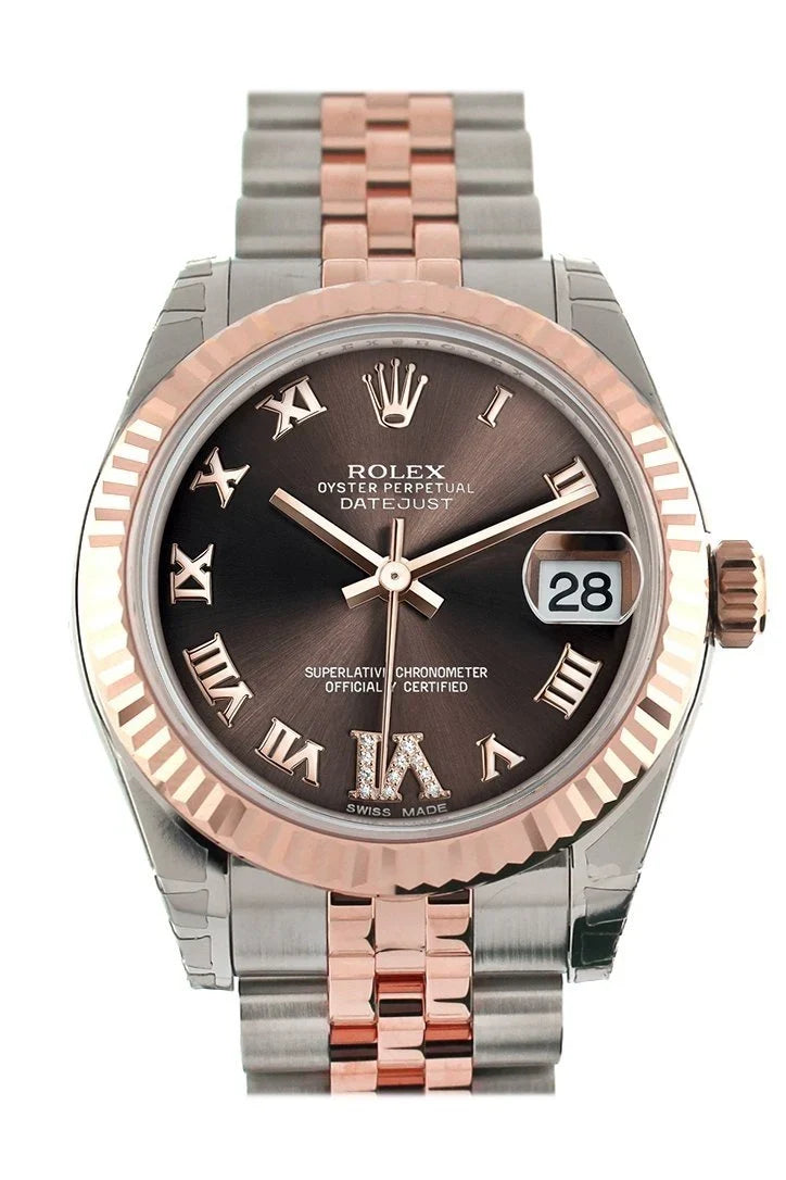 Datejust 31 Chocolate Roman Large VI set with Diamond Dial Fluted Bezel 18K Rose Gold Two Tone Jubilee Ladies Watch 178271.