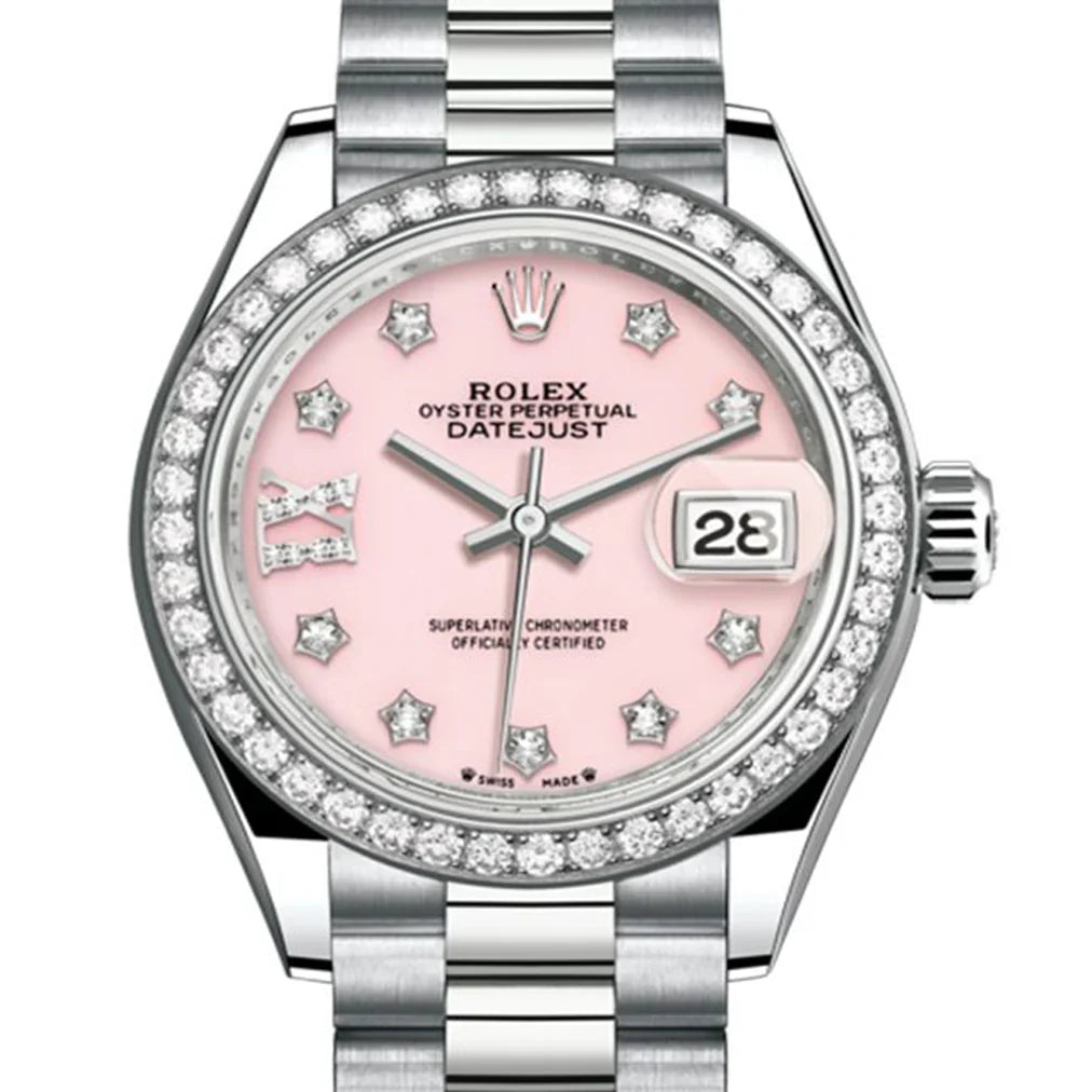 Rolex Lady Datejust 28 White Gold Pink Opal Diamond IX Dial & Diamond Bezel President Bracelet 279139RBR - BRAND NEW