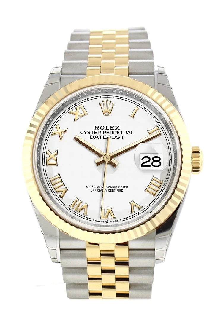 Datejust 36 White Roman Dial Fluted Bezel Jubilee Yellow Gold Two Tone Watch 126233 NP.