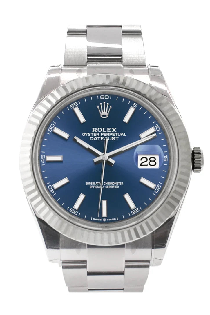 Datejust 41 Blue Dial White Gold Fluted Bezel Mens Watch 126334.