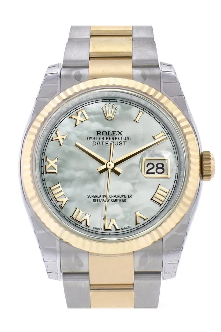 Datejust 36 White mother-of-pearl Roman Dial Fluted 18K Gold Two Tone Oyster Watch 116233.