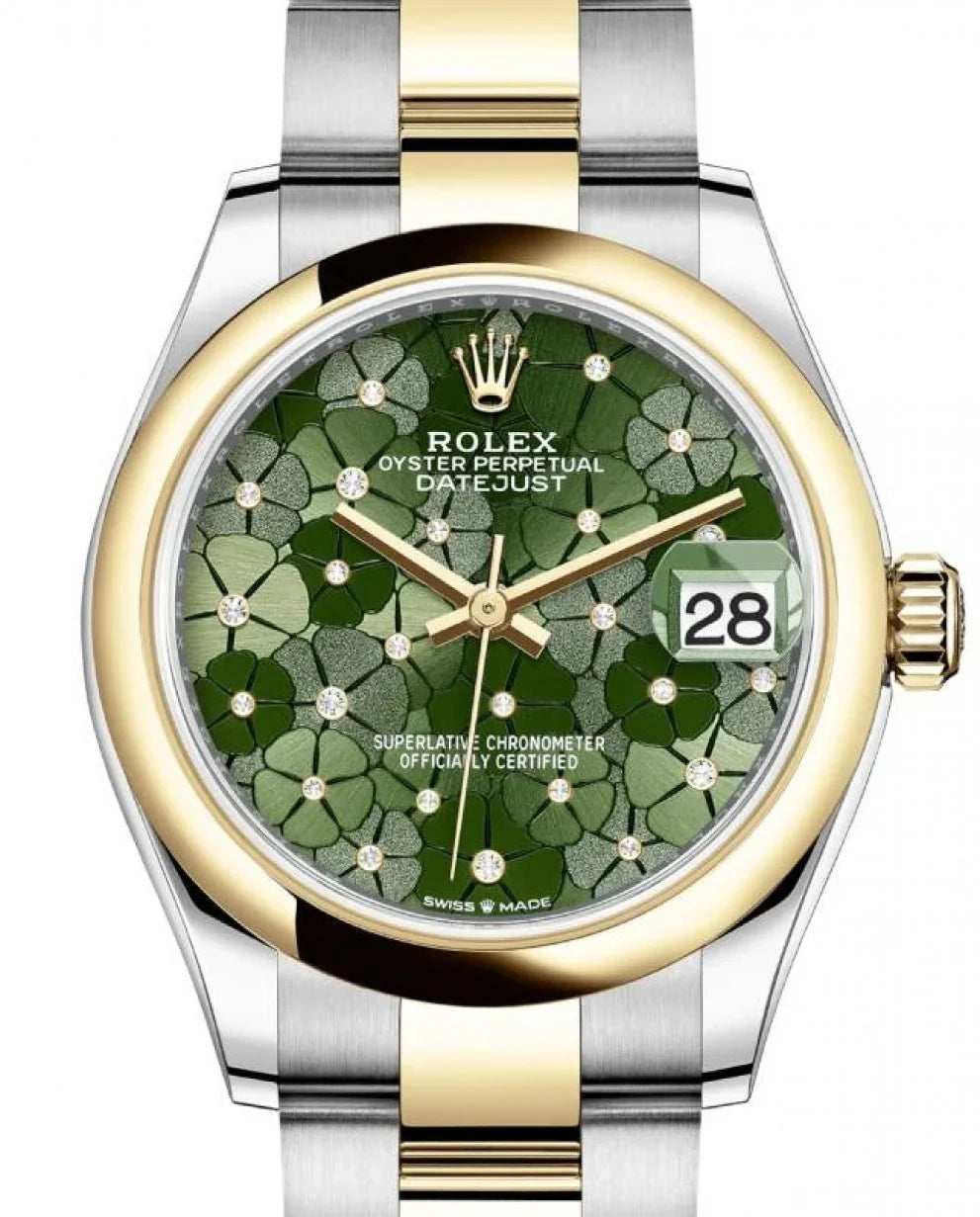 Rolex Datejust 31 Yellow Gold/Steel Olive Green Floral Motif Diamond Dial & Smooth Domed Bezel Oyster Bracelet 278243 - BRAND NEW