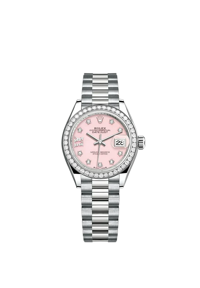 Rolex Lady Datejust 28 White Gold Pink Opal Diamond IX Dial & Diamond Bezel President Bracelet 279139RBR - BRAND NEW