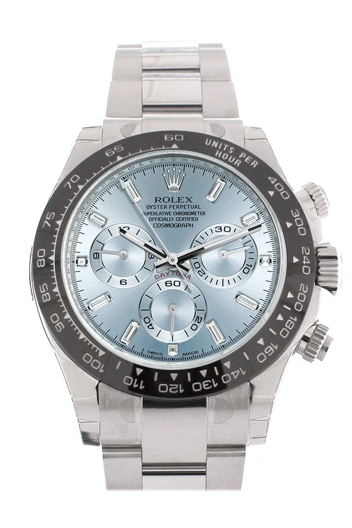 Cosmograph Daytona Ice Blue 8 Baguette Diamond Platinum Mens Watch 116506.