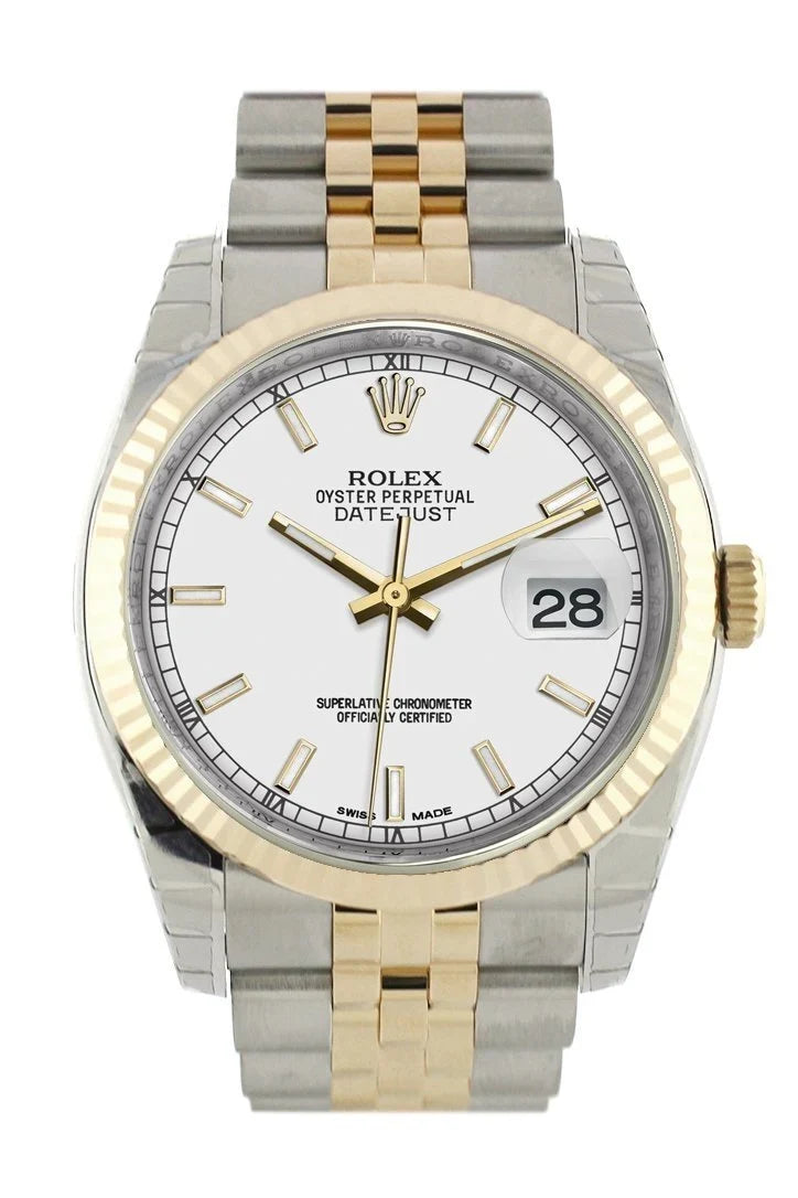 Datejust 36 White Dial Fluted 18K Gold Two Tone Jubilee Watch 116233.