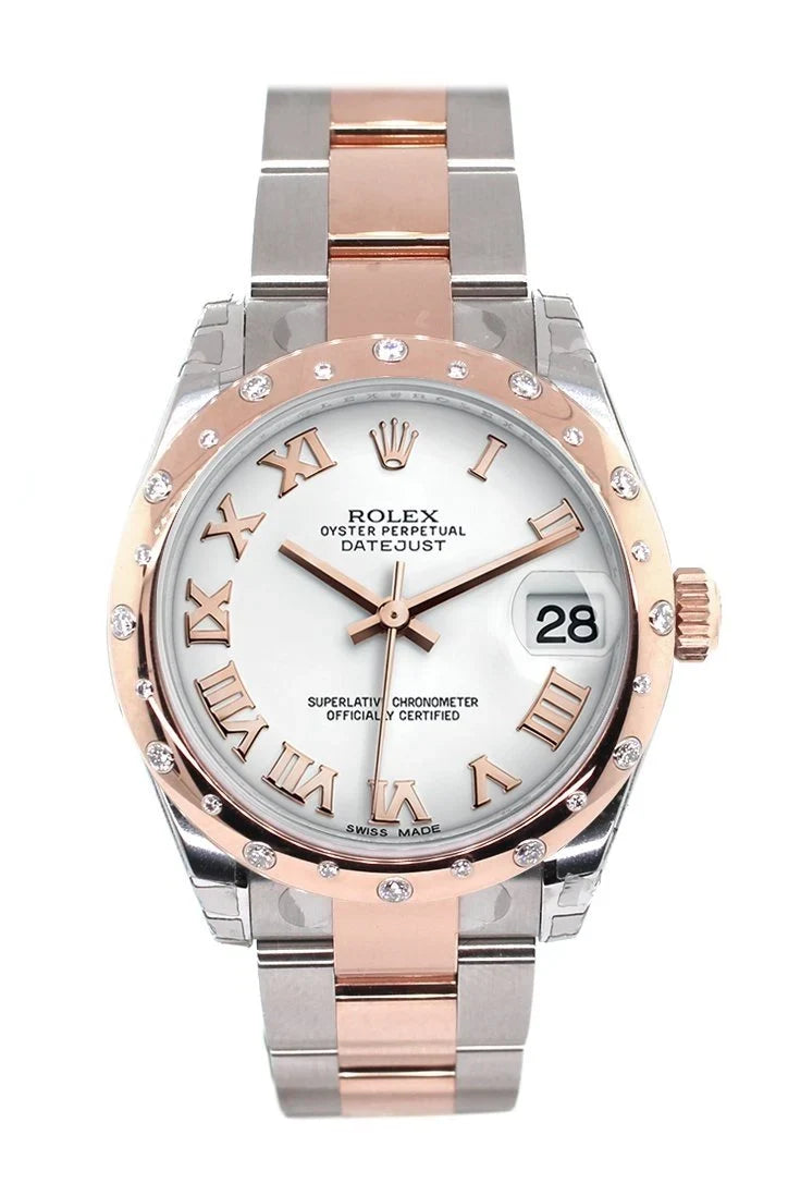 Datejust 31 White Roman Dial Diamond Bezel 18K Rose Gold Two Tone Ladies Watch 278341.