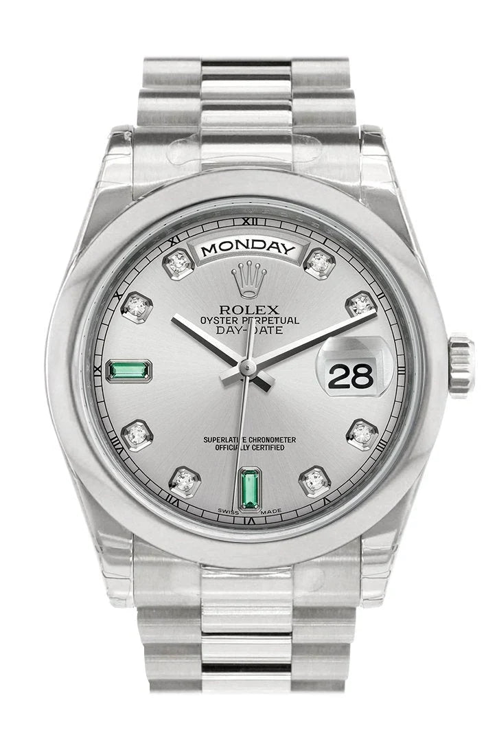 Day Date 36 Rhodium Diamonds Emeralds Dial President Men's Watch 118206.