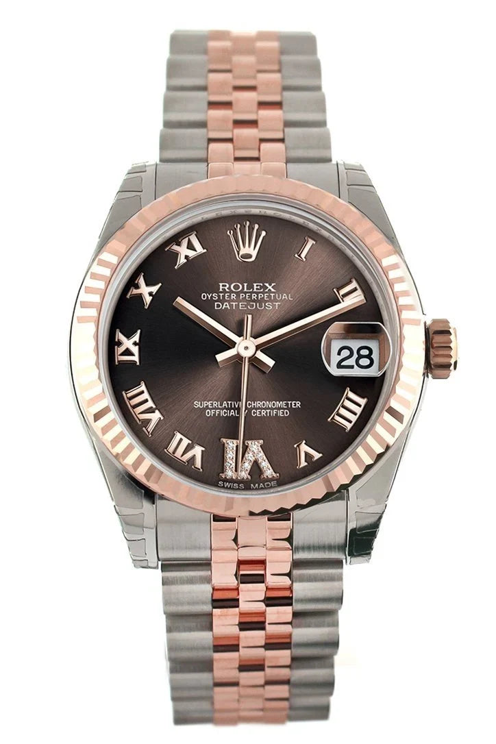Datejust 31 Chocolate Roman Large VI set with Diamond Dial Fluted Bezel 18K Rose Gold Two Tone Jubilee Ladies Watch 178271.
