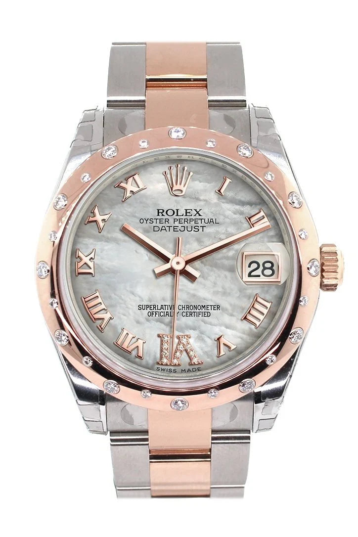 Datejust 31 White Mother of Pearl Roman Large VI set with Diamond Dial Diamond Bezel 18K Rose Gold Two Tone Ladies Watch 178341.