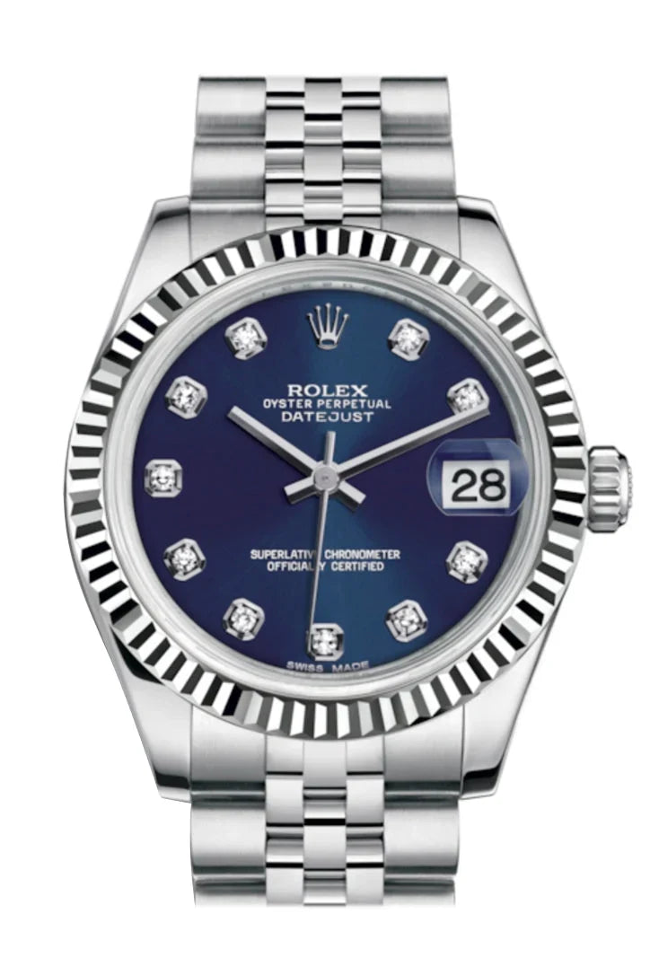 Datejust 31 Blue Set Diamonds Dial White Gold Fluted Bezel Jubilee Ladies Watch 178274.